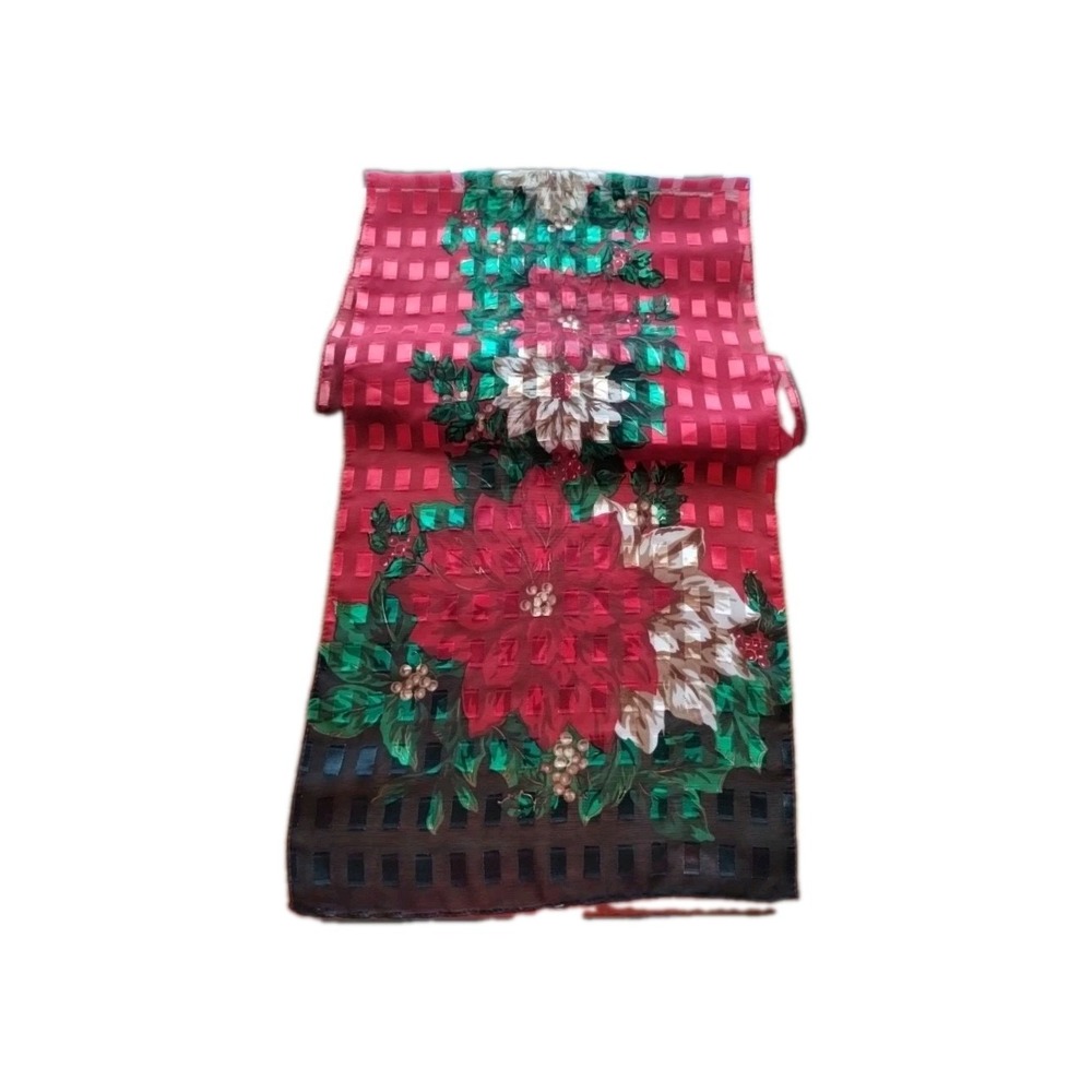 Women's Sheer Checkered Poinsettia Floral Christmas Scarf 12.5" X 58" Nice - Picture 2 of 8